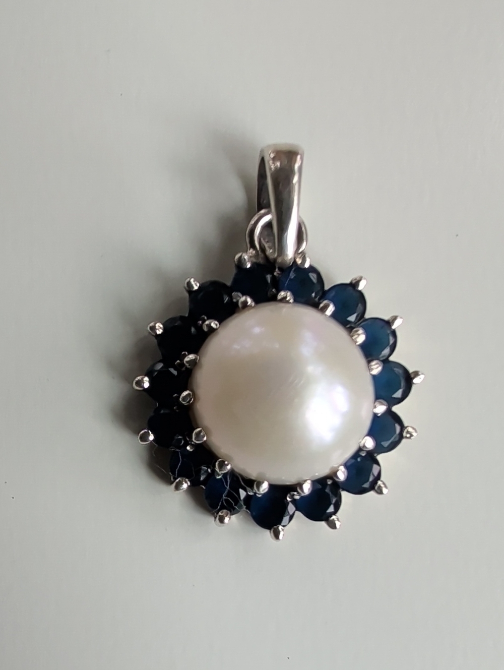 Pearl Blue Sapphire Color Glass Halo Pendant